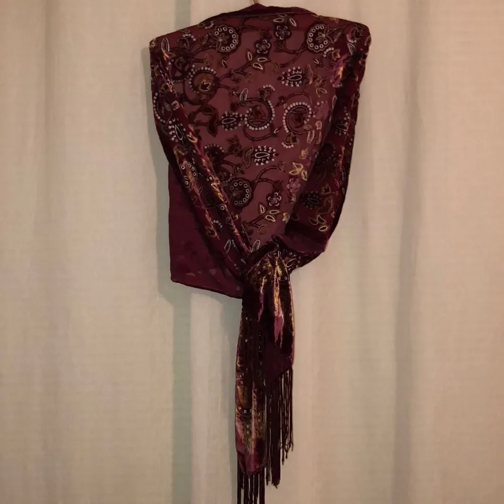 Large Velour Burgundy Mustard Gold Metallic Floral Paisley Scarf Wrap Tassels